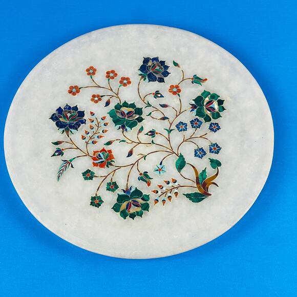 White Marble Semi Precious Floral Stone Inlay Small Round Plate 7 7/8"